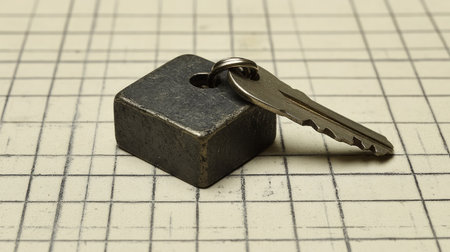 Mini square-shaped keychain in solid metal shown flat on a grid-textured backgroundの素材