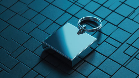 Mini square-shaped keychain in solid metal shown flat on a grid-textured backgroundの素材