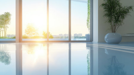 Glass sliding patio doors with morning sunlight casting reflections on floorの素材