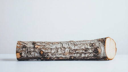 Natural wooden log lying flat on clean white surface, bark texture clearly visibleの素材