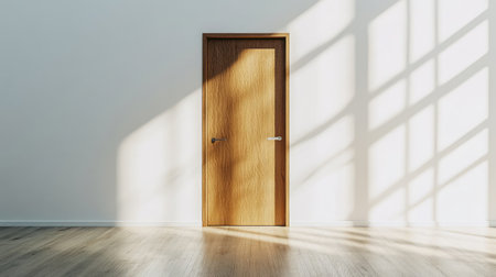 Light wooden sliding door with subtle grain texture, set into clean white wallの素材