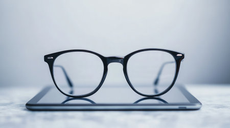 Minimalist black frame glasses resting on a closed tablet with gray backgroundの素材