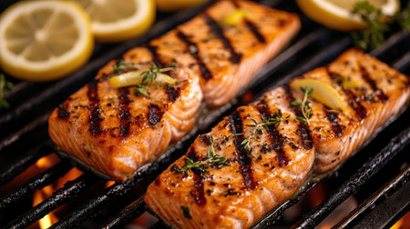 Close-up of grilled salmon fillets on a charcoal grill with visible sear marks, surrounded by lemon slices and herbsの素材