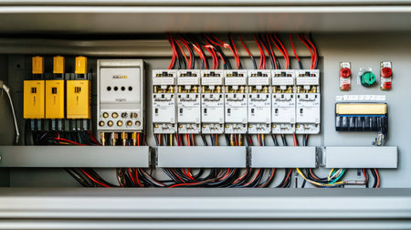Control panel with labeled wire connections running to various electrical componentsの素材