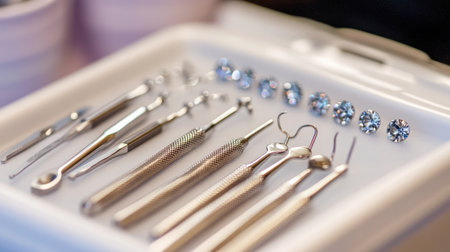 Close-up of sterile ear piercing tools arranged neatly on a white medical tray beside stud earringsの素材