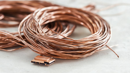 Cut electrical wires with exposed copper ends scattered on a white tableの素材