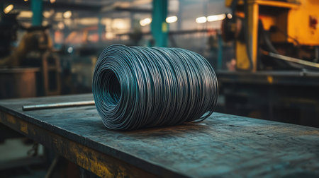 Coil of thick welding wire resting on a steel table in a fabrication shopの素材