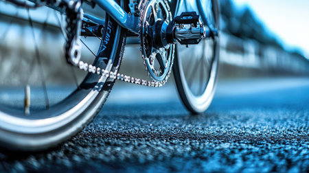 Detail of a race-ready chain, crankset, and clipless pedals on clean tarmacの素材