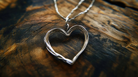 Loop of silver wire shaped like a heart resting on dark wooden surfaceの素材