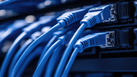 Ethernet cables with RJ connectors placed in rows on a network installation benchの素材