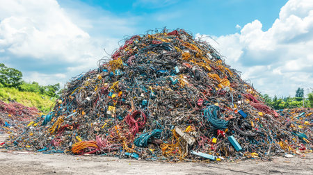 Pile of industrial scrap wires in a recycling center yardの素材