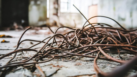 Rusted iron wires entangled on the floor of an old factoryの素材