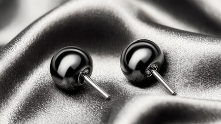 Pair of titanium piercing studs on a velvet cloth with soft shadows and white backdropの素材