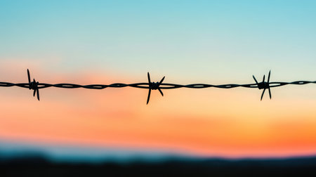 Silhouetted barbed wire against a sunset sky, stretching across the frame horizontallyの素材