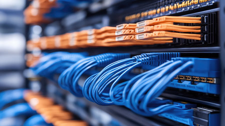 Network patch cables and LAN wires neatly aligned on a server rack shelfの素材