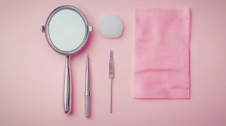 Minimal flat lay of professional ear piercing set with antiseptic wipes and mirrorの素材