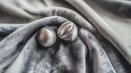 Pair of titanium piercing studs on a velvet cloth with soft shadows and white backdropの素材