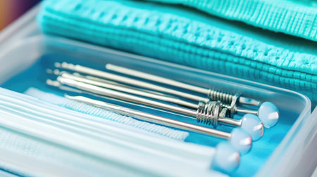 Neatly stacked set of piercing studs and antiseptic pads in clean plastic drawerの素材