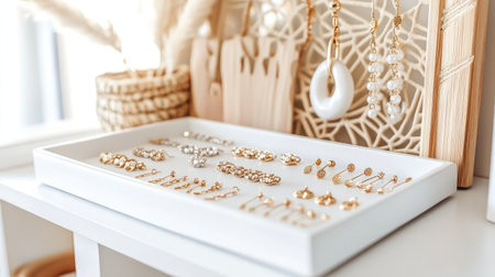 Minimalistic jewelry tray holding tiny piercing studs and ball-back earrings in bright lightingの素材