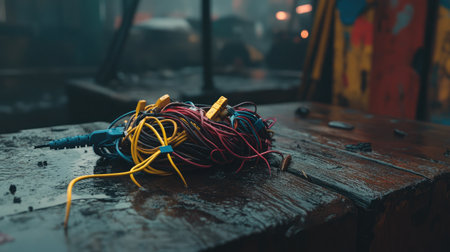 Neatly bundled telephone wires tied with zip ties and resting on wood plankの素材
