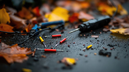 Snipped telephone wires with jagged ends lying on pavement next to toolsの素材