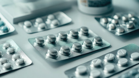 Transparent blister packs of surgical steel piercing studs shown on bright white deskの素材