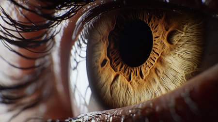 Close-up of a realistic model eye with detailed iris patterns and soft studio lightingの素材