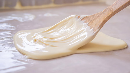 Close-up of creamy texture being spread across a smooth ceramic tile with spatulaの素材