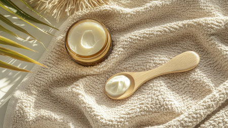 Body cream jar and wooden spatula with cream scoop placed neatly on spa towelの素材