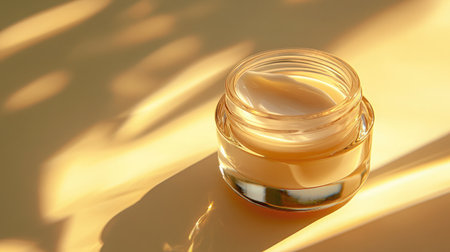 Jar of rich cream with reflections under soft light, captured against gradient backdropの素材