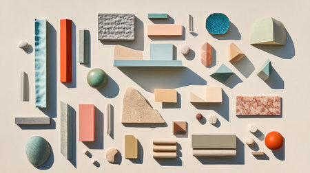 Flat lay view of various storefront sign shapes and materials on neutral backgroundの素材