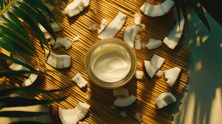 Jar of nourishing cream surrounded by coconut pieces and palm leaves on bamboo matの素材