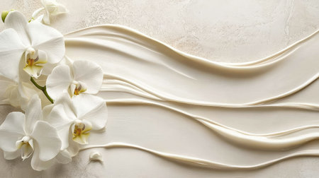 Artistic smear of silky cream beside white orchid on stone surfaceの素材