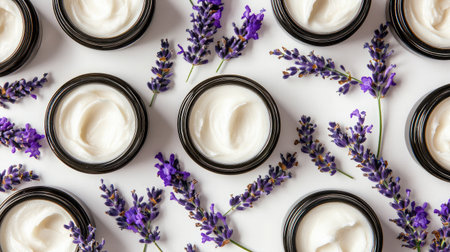 Flat lay of skincare scene with multiple body cream jars and fresh lavenderの素材