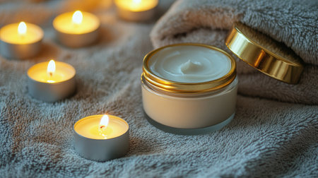 Luxurious body cream in a glass jar with gold lid placed on a folded towel with candles aroundの素材