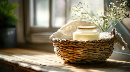 Creamy lotion jar resting inside a woven basket styled with nature-inspired propsの素材