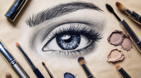 Flat lay of makeup tools arranged around a paper eye sketch with eyeliner swatchesの素材