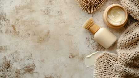 Flat lay with body cream, wooden brush, and exfoliating glove on a neutral backgroundの素材