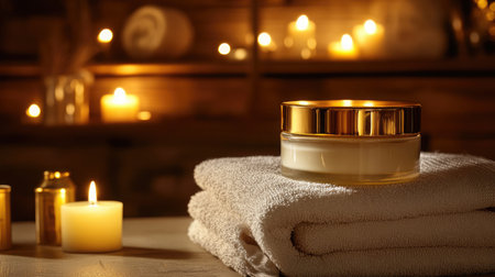 Luxurious body cream in a glass jar with gold lid placed on a folded towel with candles aroundの素材