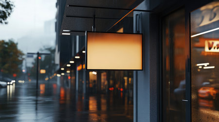 Mockup of empty store sign frame hanging under glass canopy on rainy streetの素材
