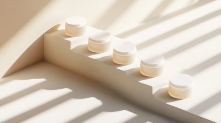 Multiple body cream jars lined up diagonally with sunlight casting soft shadowsの素材