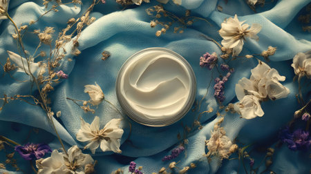 Opened body cream container surrounded by dried flowers and soft linensの素材