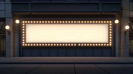 Retro lightbulb border sign on vintage cinema-style storefront under marquee lightsの素材