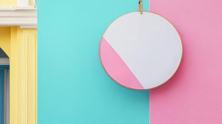 Round hanging storefront sign on metal arm attached to a pastel-colored wallの素材