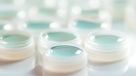 Transparent contact lenses on a white contact lens case with soft natural lightingの素材