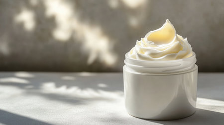White tub of creamy moisturizer with soft light flaring across frosted jarの素材