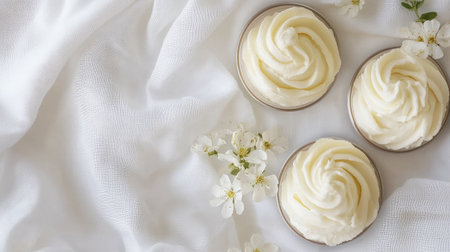 Whipped shea butter in small containers placed on clean white fabric backgroundの素材