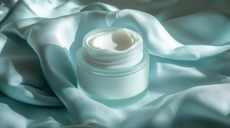 White tub of creamy moisturizer with soft light flaring across frosted jarの素材