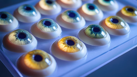 Various artificial eyes lined up on a medical tray in a clinical light settingの素材