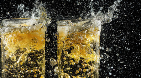 Close-up of clinking beer glasses with bubbles and motion frozen against black backdropの素材